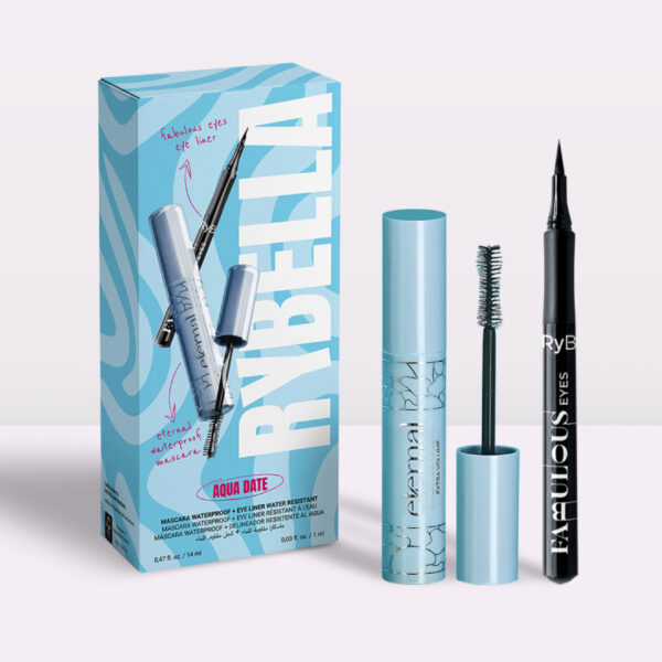 Aqua Date: kit occhi waterproof Rybella composto da Eternal mascara waterproof e Fabulous Eyes eyeliner penna water resistant